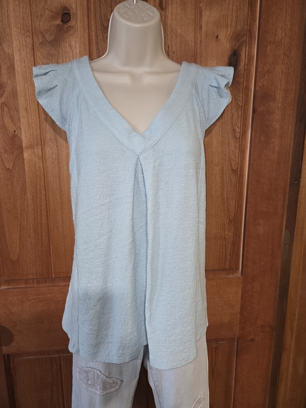 a.n.a Light Blue V-Neck Flutter Sleeve Blouse
